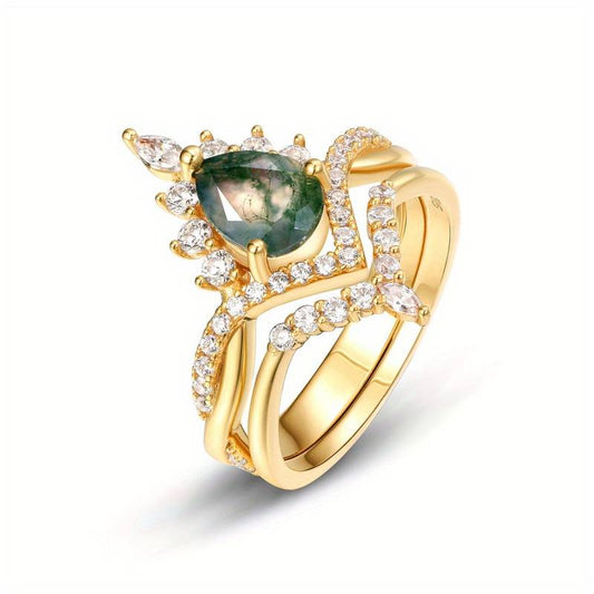 Verdant Beauty - Moss Agate Double Ring (Sterling Silver)